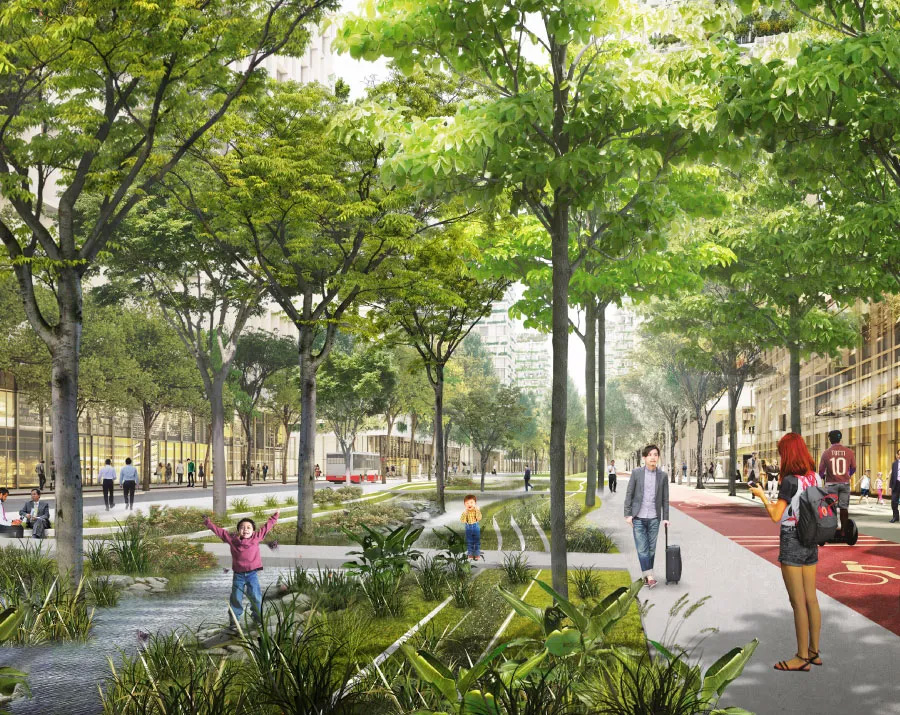 Artist’s impression of the JLD streetscape with integrated active mobility for pedestrians, cycling and PMDs
