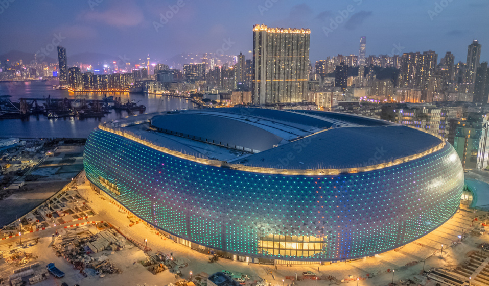 Kai Tak Sports Park lit up aerial view at night