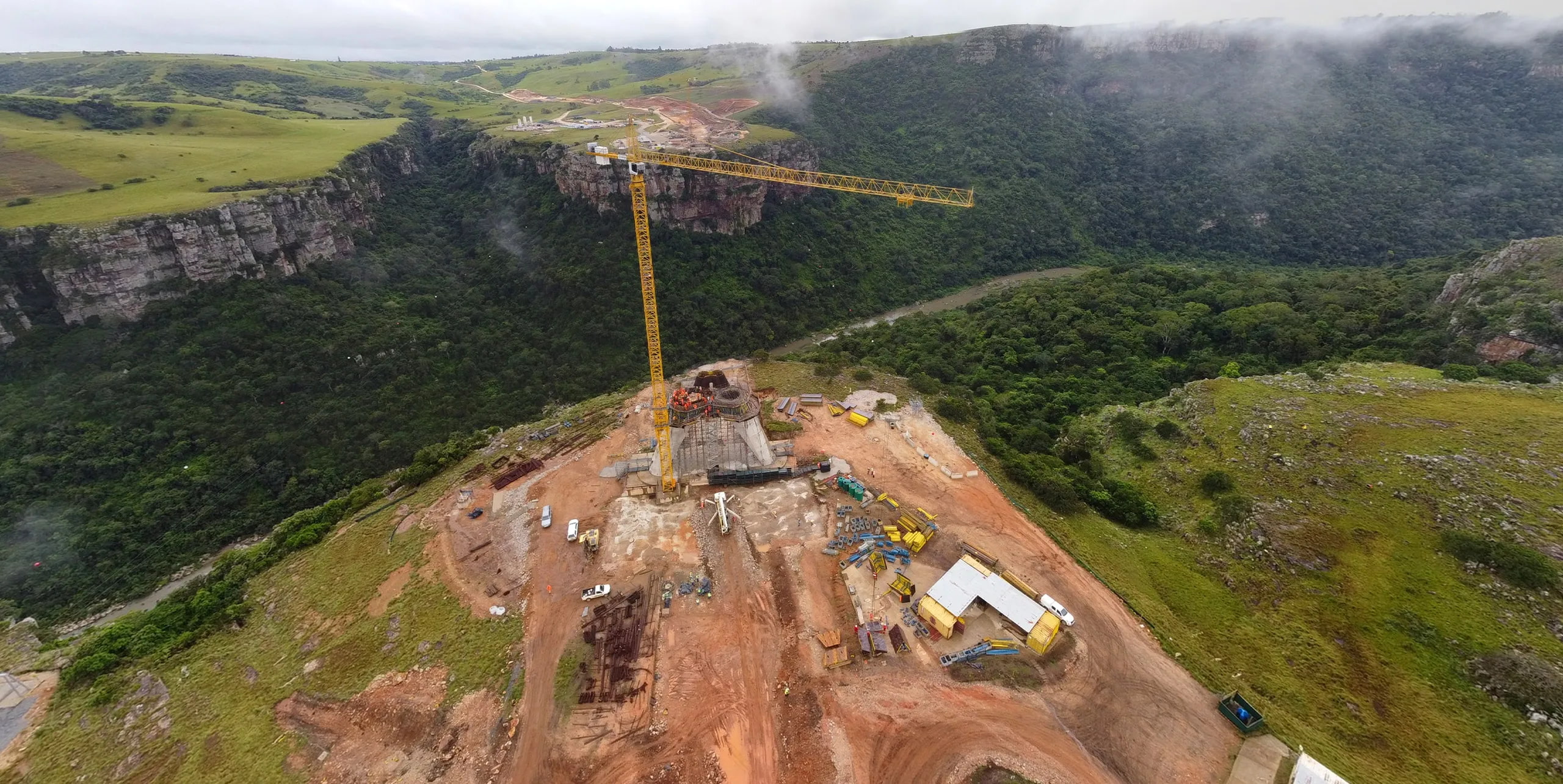 Crane constructing a bridge